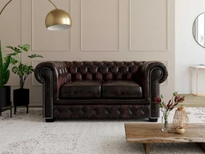 Outlet Tweezitsbank Chesterfield Brenton 100% Buffelleer - Bruin Tinten Tweezitsbank