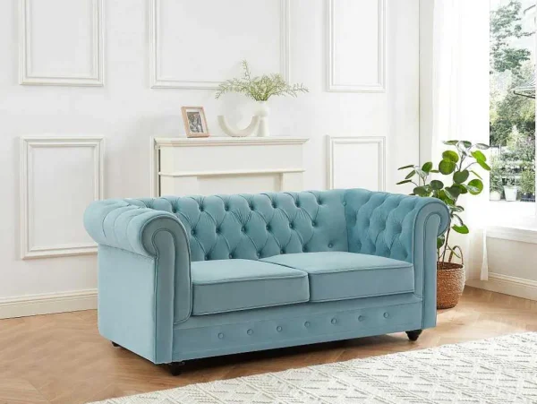 Store Tweezitsbank Van Pastelblauw Velours Chesterfield Tweezitsbank