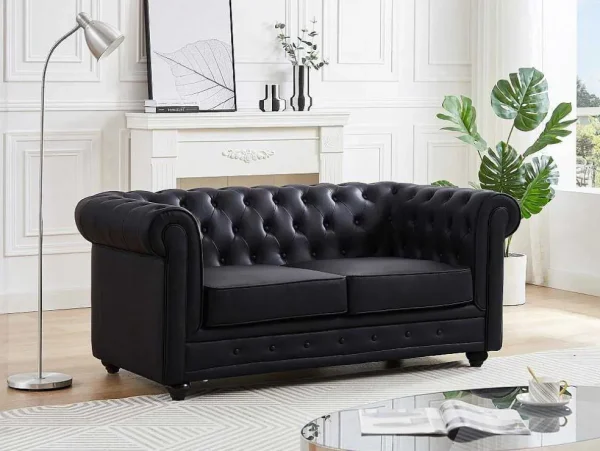 Cheap Tweezitsbank Van Zwart Kunstleer Chesterfield Zitbank