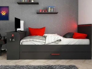 New Uitschuifbed 2 X 90 X 200 Cm - Met Bureau - Ledverlichting - Antraciet En Rood - Vouani Bed Met Slaaplade