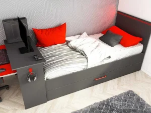 New Uitschuifbed 2 X 90 X 200 Cm - Met Bureau - Ledverlichting - Antraciet En Rood - Vouani Bed Met Slaaplade