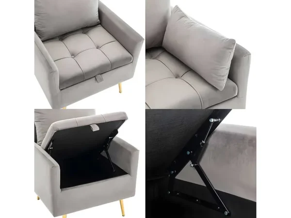 Flash Sale Vipi Fauteuil In Fluwelen Stof Met Opbergruimte En Kussen - Poten Van Goudkleurig Metaal - Grijs Fauteuil Stof Fluweel / Suedine