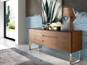 Flash Sale Walnoot Dressoir Met Zwart Glazen Blad 3060 Buffetkast