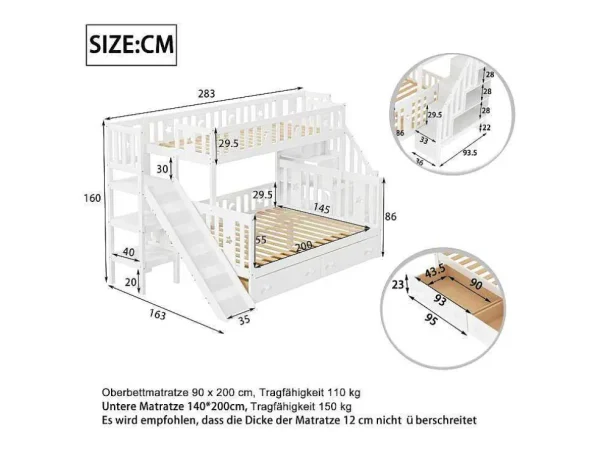 Online 2-Zits Stapelbed Met Glijbaan En Planken - 90 X 200 Cm + 140 X 200 Cm - Wit - Anthony Kinderbed Stapelbed